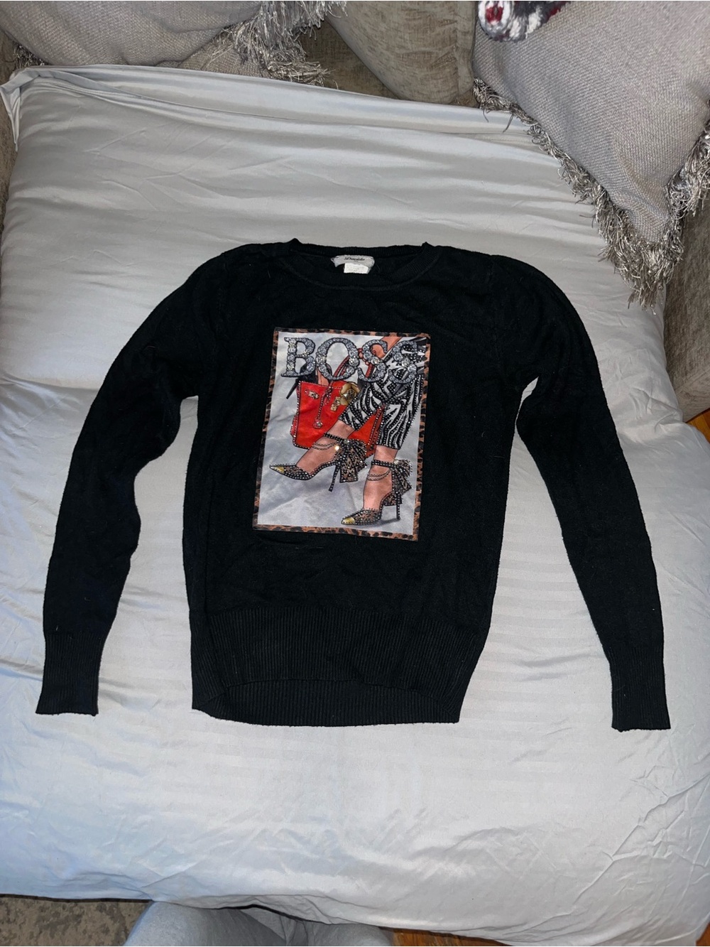 Black Graphic Crew & Scoop Neck Sweater with Embellished Front Panel